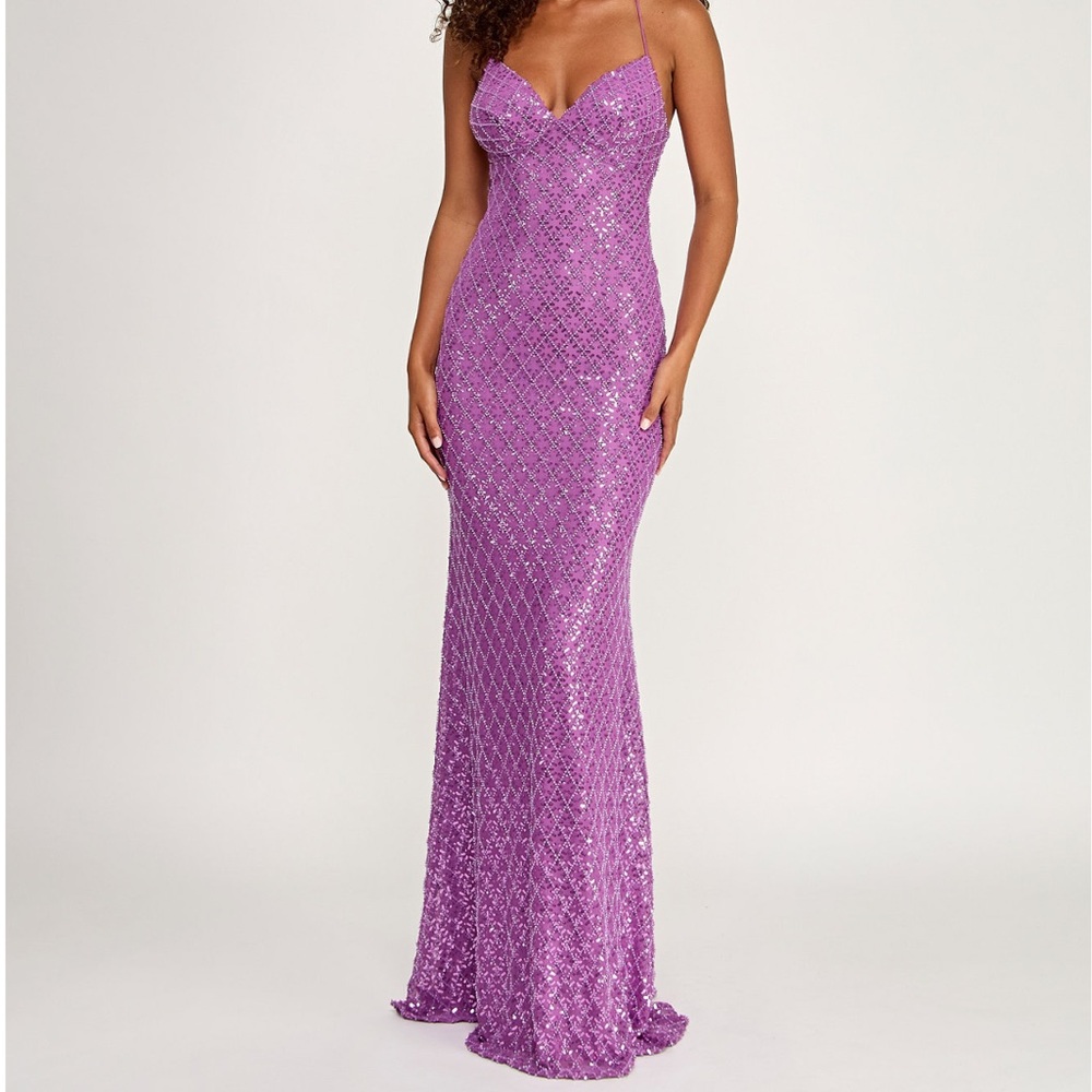 B Darlin Purple Sequin Gown